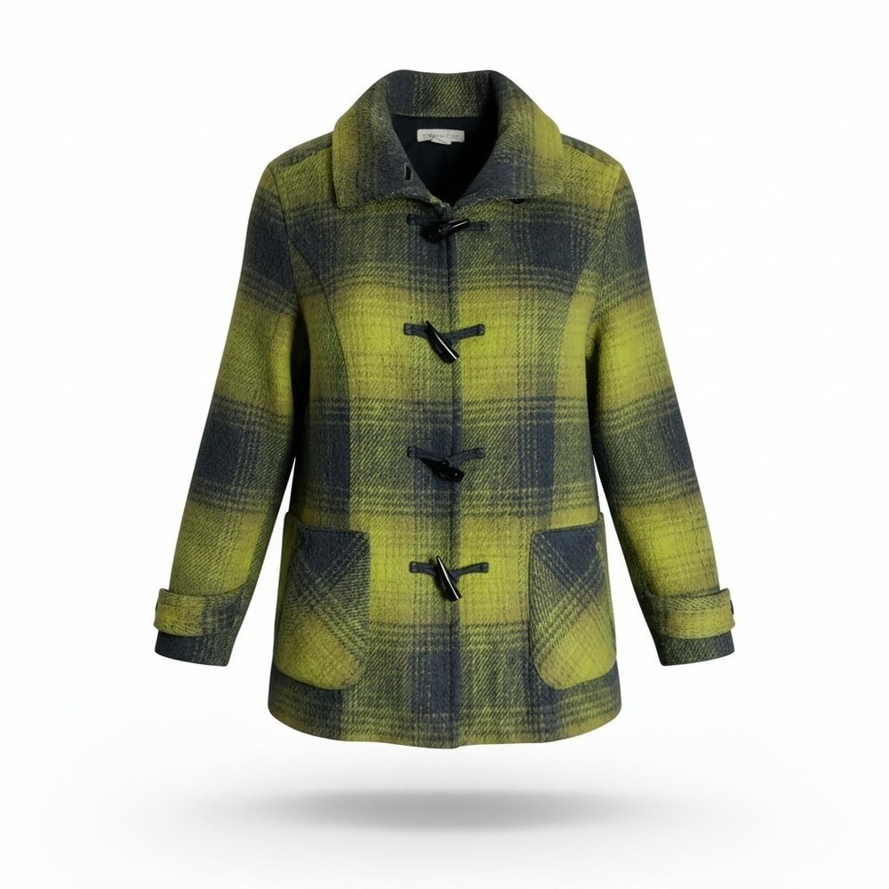 Coldwater Creek Lime Green Plaid Wool Blend Toggle Coat Jacket Womens Size 8